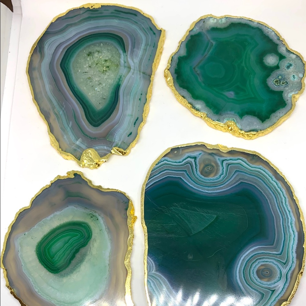 Green Banded Agate Coaster Set of 4 New 24k Trim